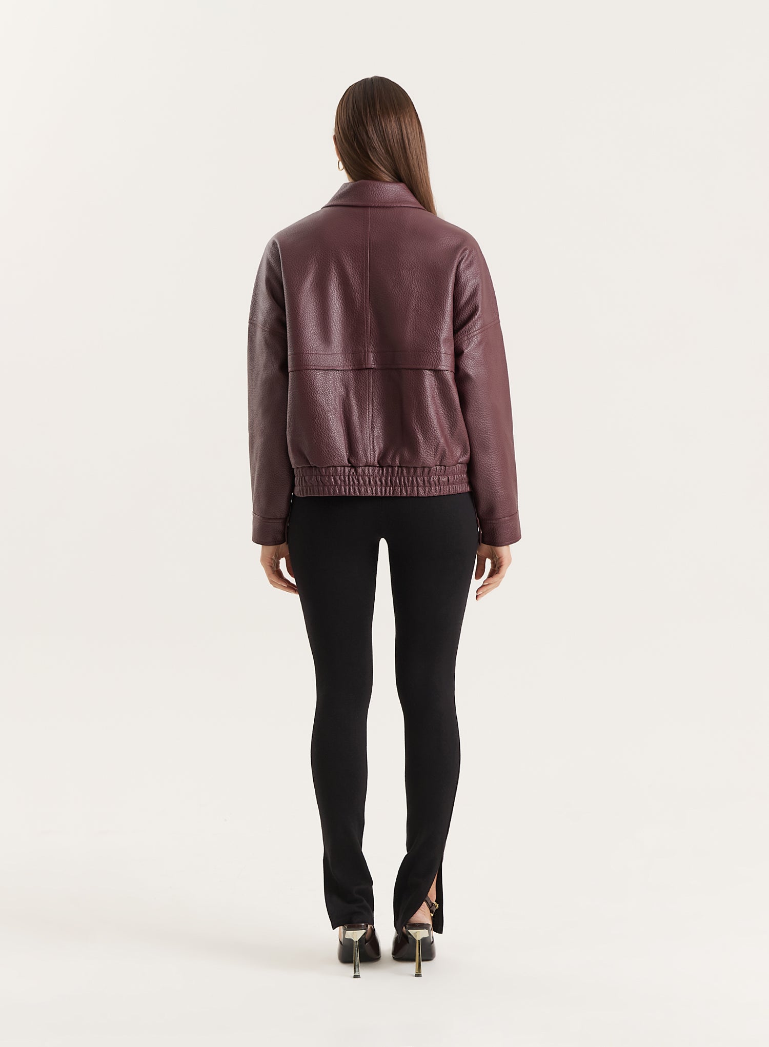 Burgundy Textured Faux Leather Cropped Jacket